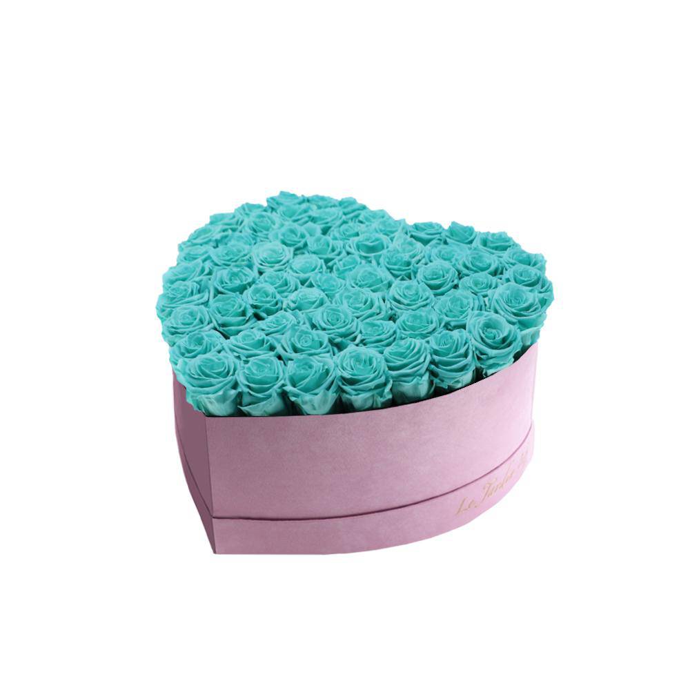 65-75 Turquoise Preserved Roses in A Heart Shaped Box- Medium Heart Luxury Pink Suede Box