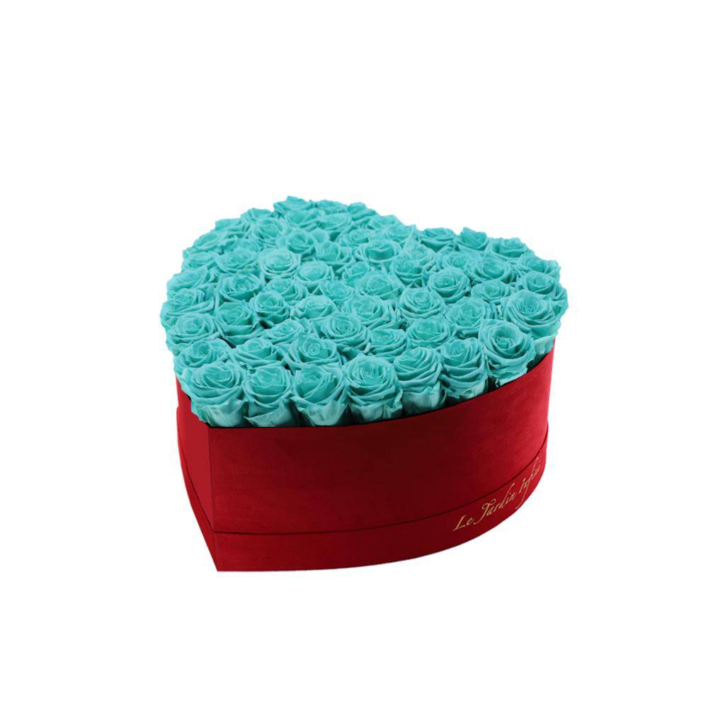 65-75 Turquoise Preserved Roses in A Heart Shaped Box- Medium Heart Luxury Red Suede Box