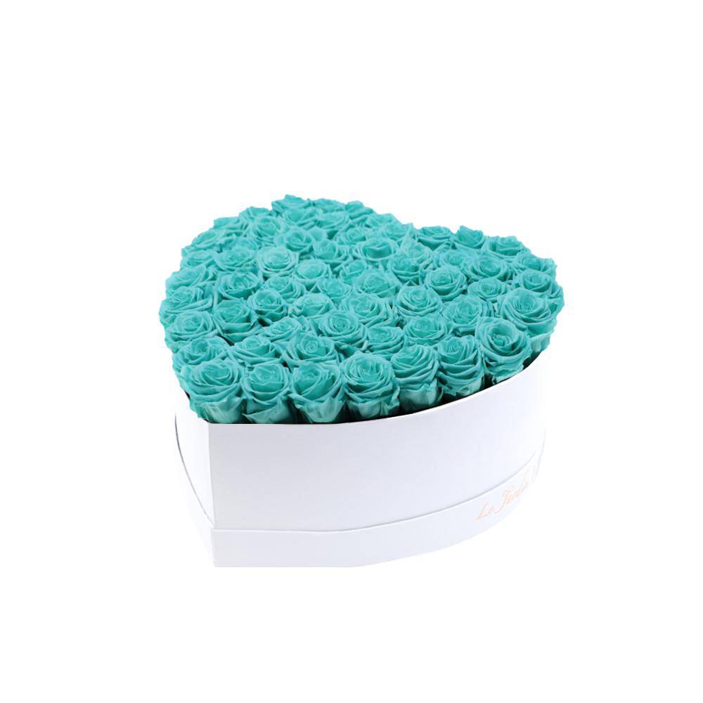 65-75 Turquoise Preserved Roses in A Heart Shaped Box- Medium Heart Luxury White Suede Box