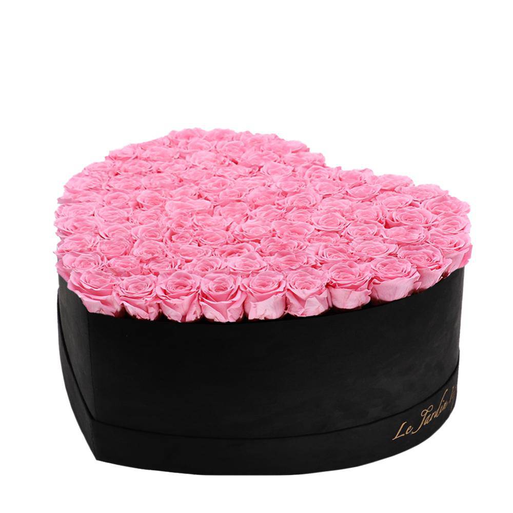 80-100 Pink Preserved Roses in A Heart Shaped Box- Large Heart Luxury Black Suede Box