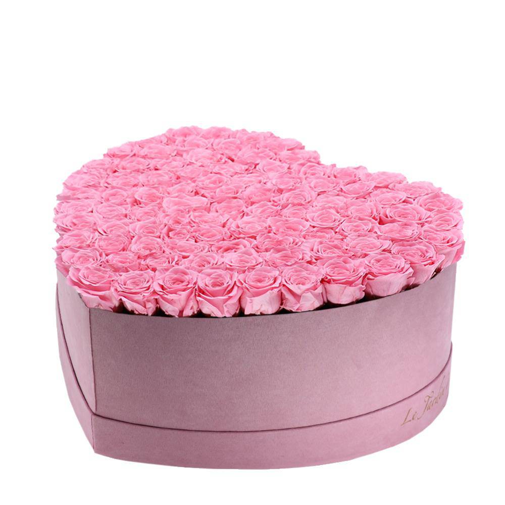80-100 Pink Preserved Roses in A Heart Shaped Box- Large Heart Luxury Pink Suede Box