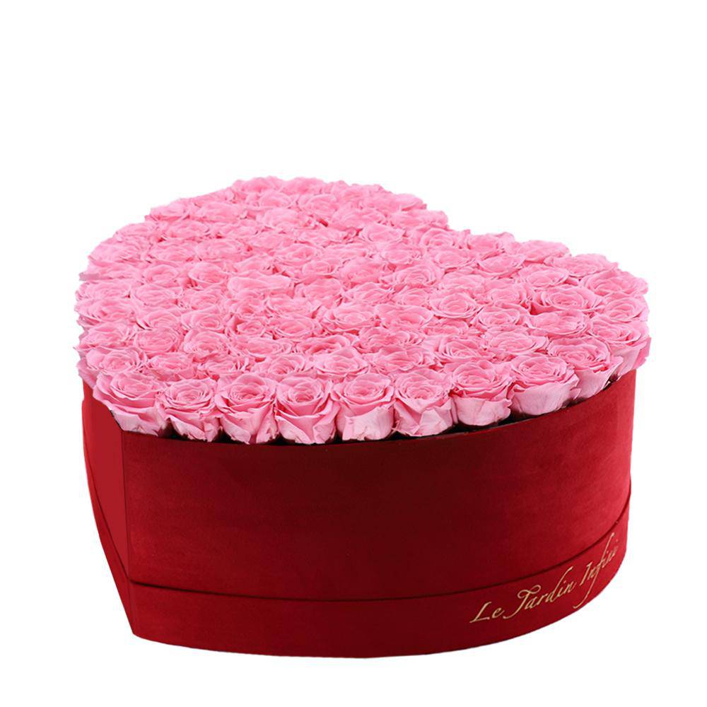 80-100 Pink Preserved Roses in A Heart Shaped Box- Large Heart Luxury Red Suede Box