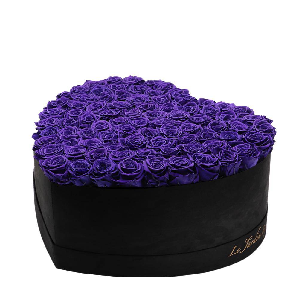 80-100 Purple Preserved Roses in A Heart Shaped Box- Large Heart Luxury Black Suede Box