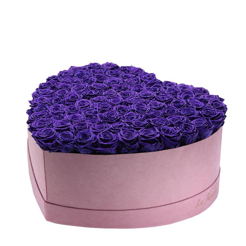 80-100 Purple Preserved Roses in A Heart Shaped Box- Large Heart Luxury Pink Suede Box