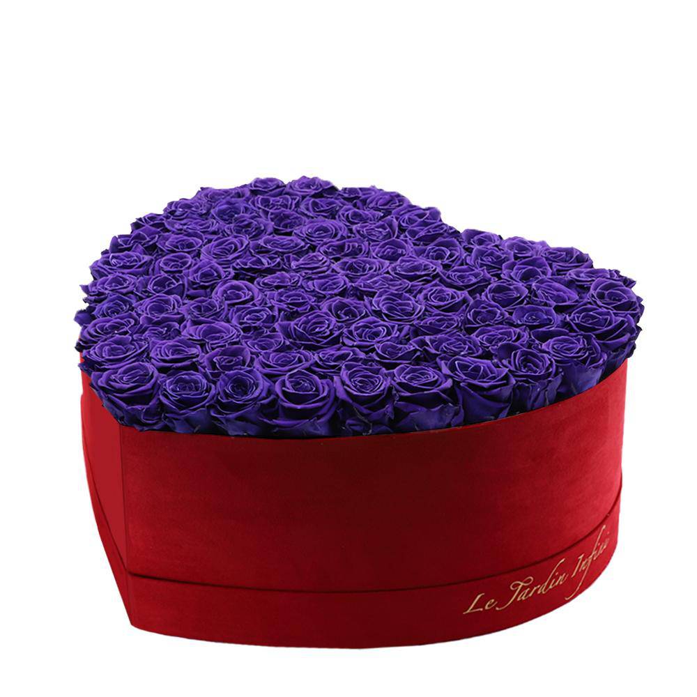 80-100 Purple Preserved Roses in A Heart Shaped Box- Large Heart Luxury Red Suede Box