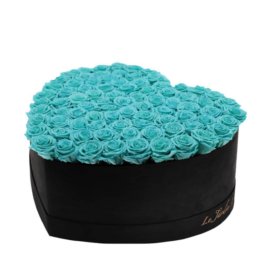 80-100 Turquoise Preserved Roses in A Heart Shaped Box- Large Heart Luxury Black Suede Box