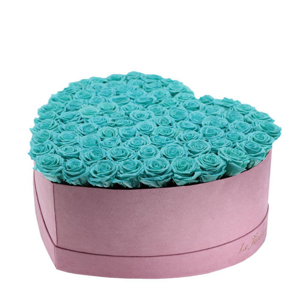 80-100 Turquoise Preserved Roses in A Heart Shaped Box- Large Heart Luxury Pink Suede Box
