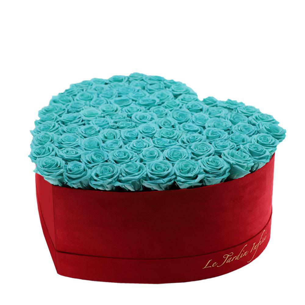 80-100 Turquoise Preserved Roses in A Heart Shaped Box- Large Heart Luxury Red Suede Box
