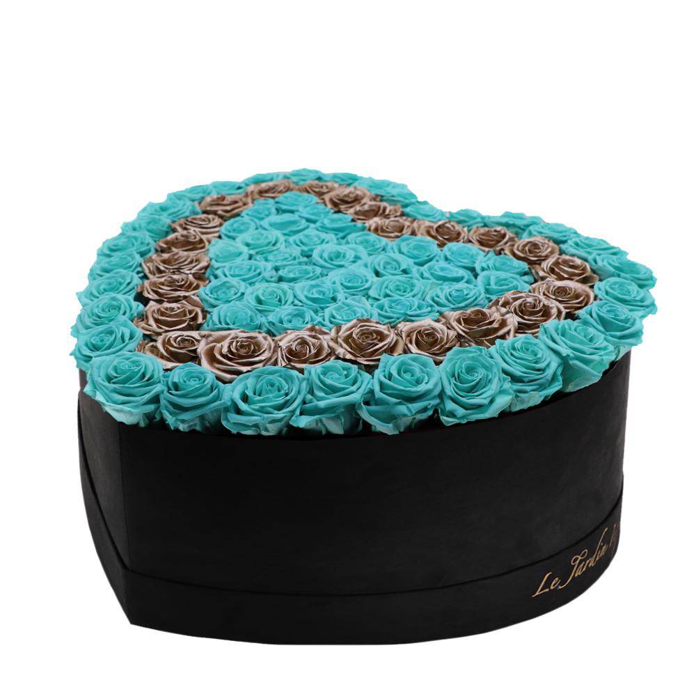 80-100Turquoise & Rose Gold Preserved Roses Double Hearts in A Heart Shaped Box- Large Heart Luxury Black Suede Box