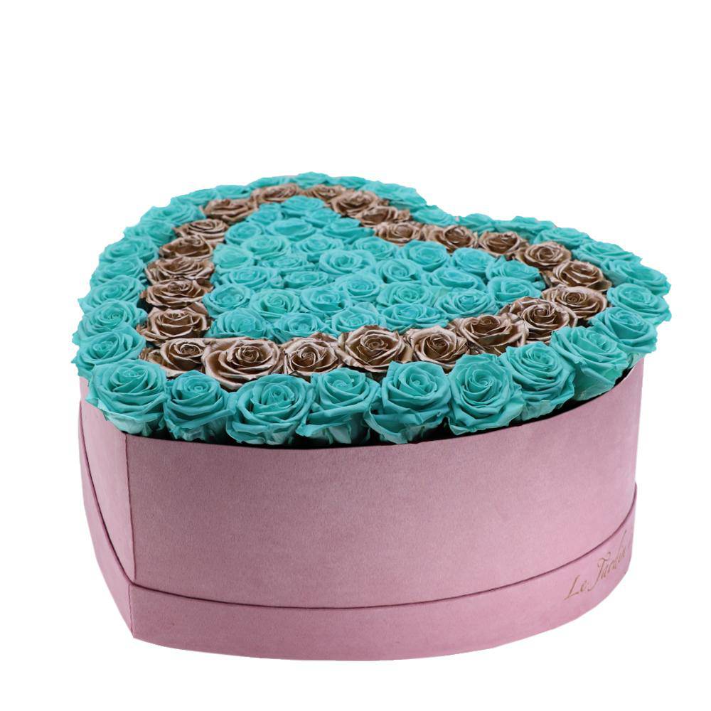 80-100 Turquoise & Rose Gold Preserved Roses Double Hearts in A Heart Shaped Box- Large Heart Luxury Pink Suede Box