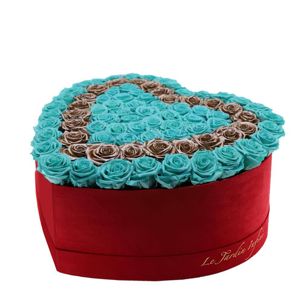 80-100 Turquoise & Rose Gold Preserved Roses Double Hearts in A Heart Shaped Box- Large Heart Luxury Red Suede Box