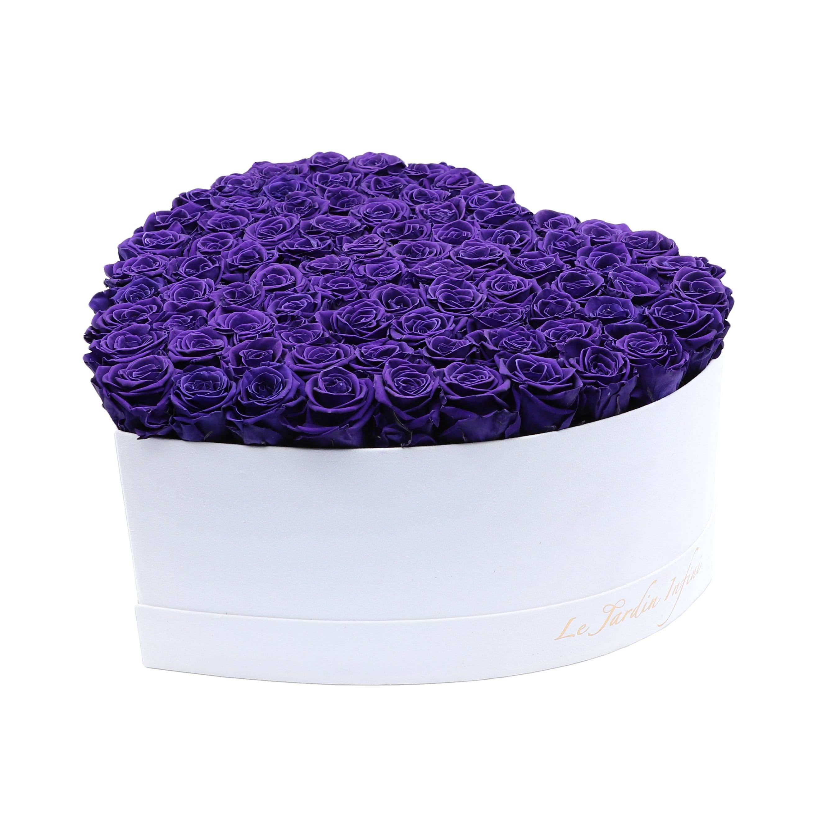 70-80 Purple Preserved Roses in A Heart Shaped Box- Large Heart Luxury White Suede Box (Custom) - Le Jardin Infini Roses in a Box