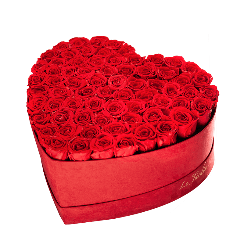 80-100 Red Preserved Roses in A Heart Shaped Box- Large Heart Luxury Red Suede Box (Custom)