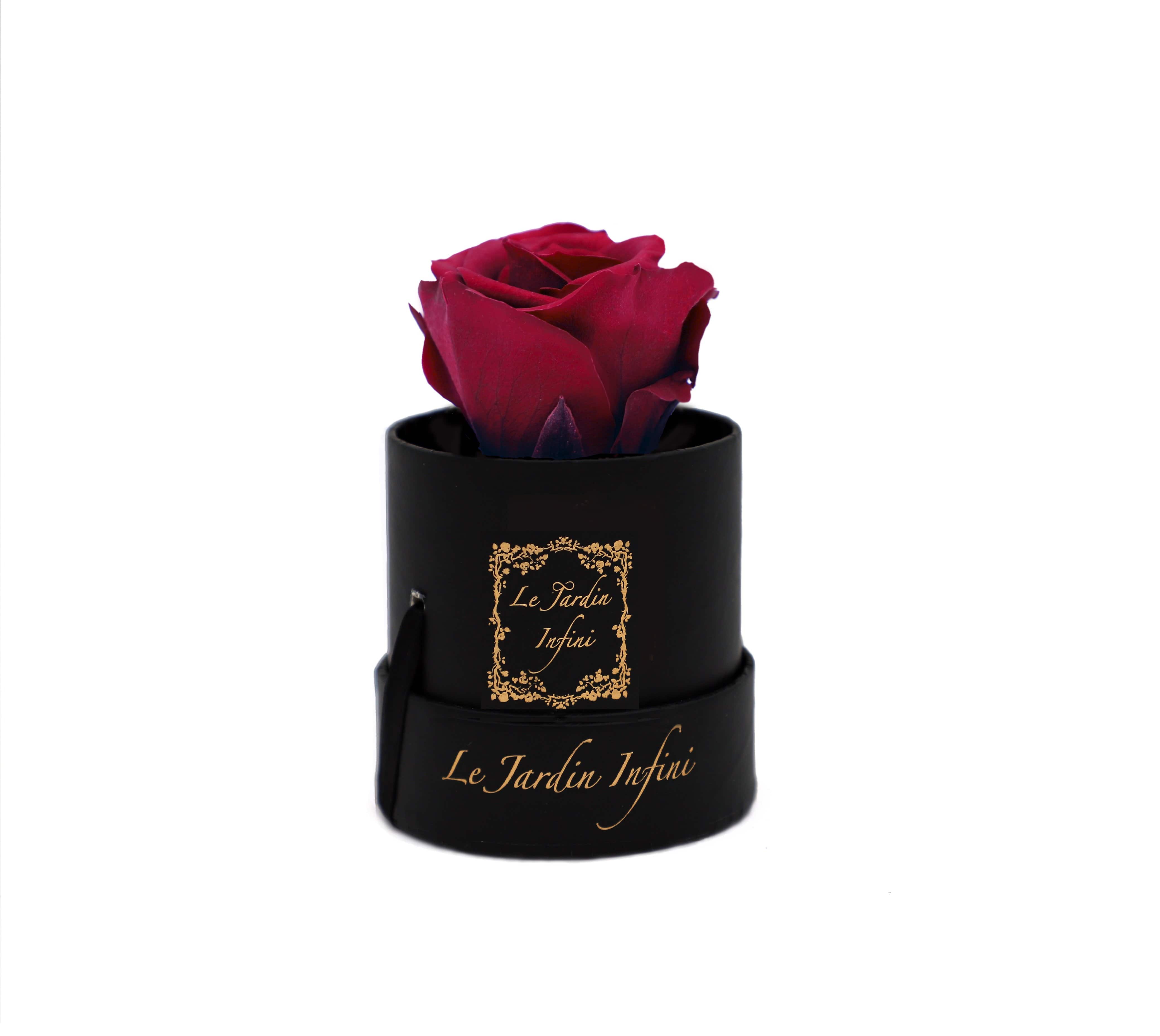 Single Burgundy Preserved Rose - Small Round Black Box - Le Jardin Infini Roses in a Box