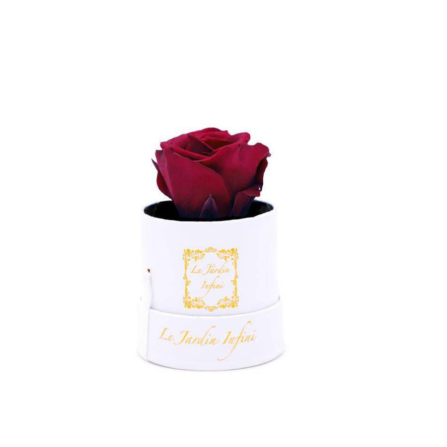 Single Burgundy Preserved Rose - Small Round White Box - Le Jardin Infini Roses in a Box