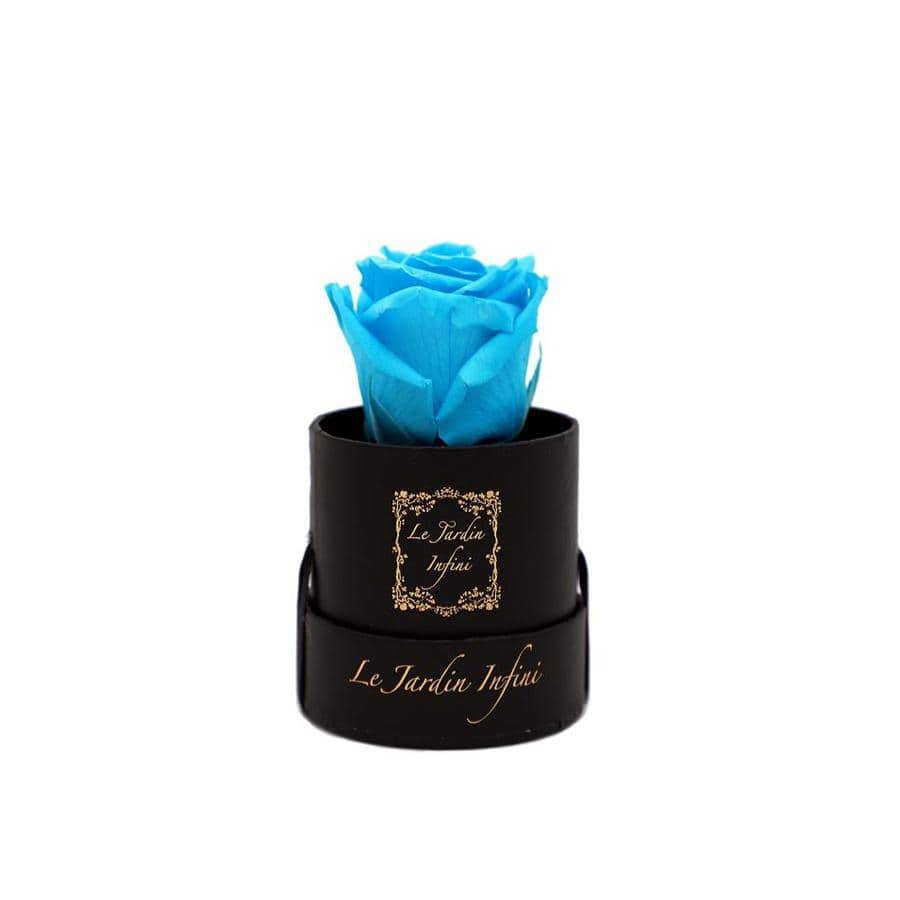 Single Turquoise Preserved Rose - Small Round Black Box - Le Jardin Infini Roses in a Box