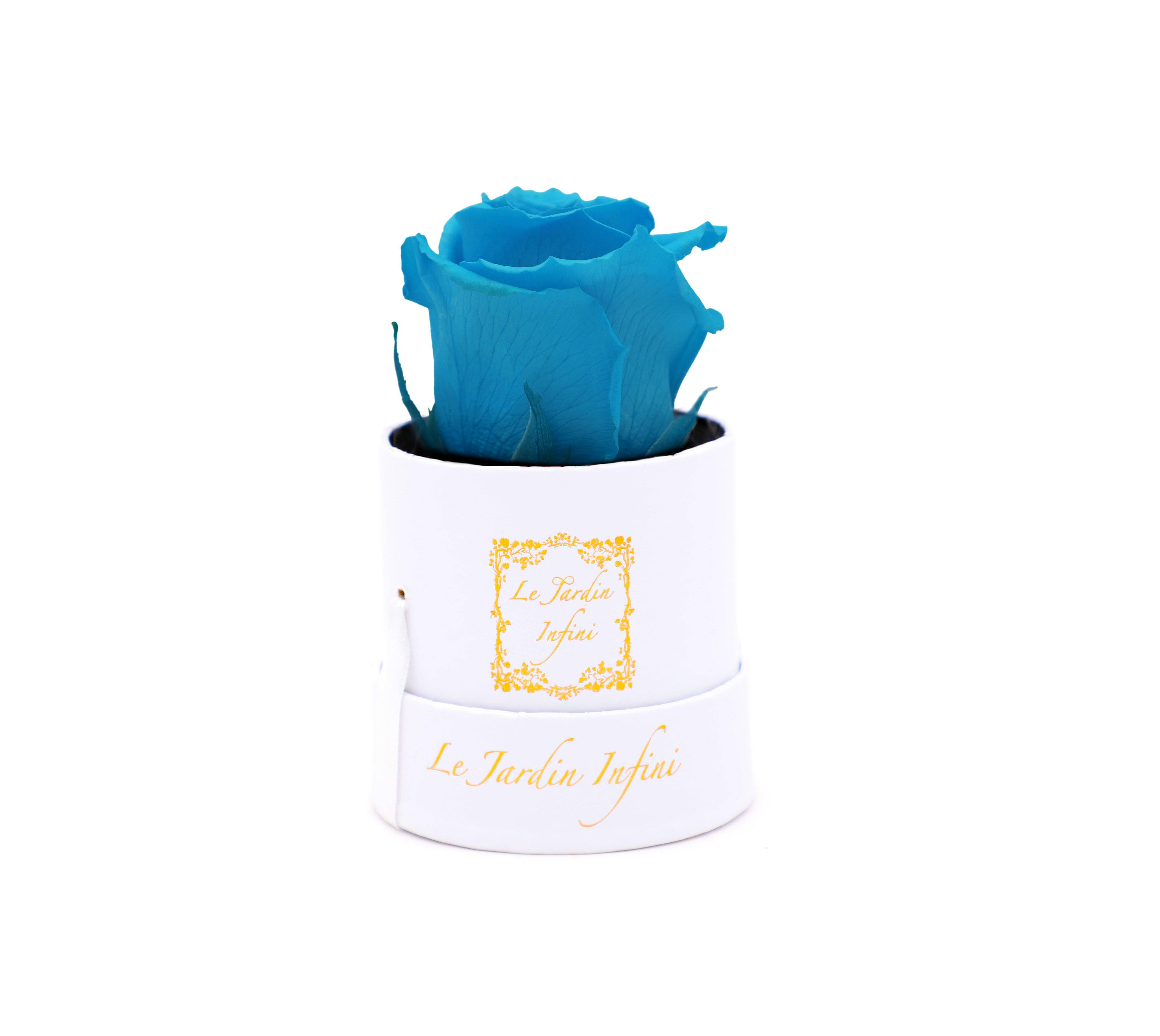 Single Turquoise Preserved Rose - Small Round White Box - Le Jardin Infini Roses in a Box
