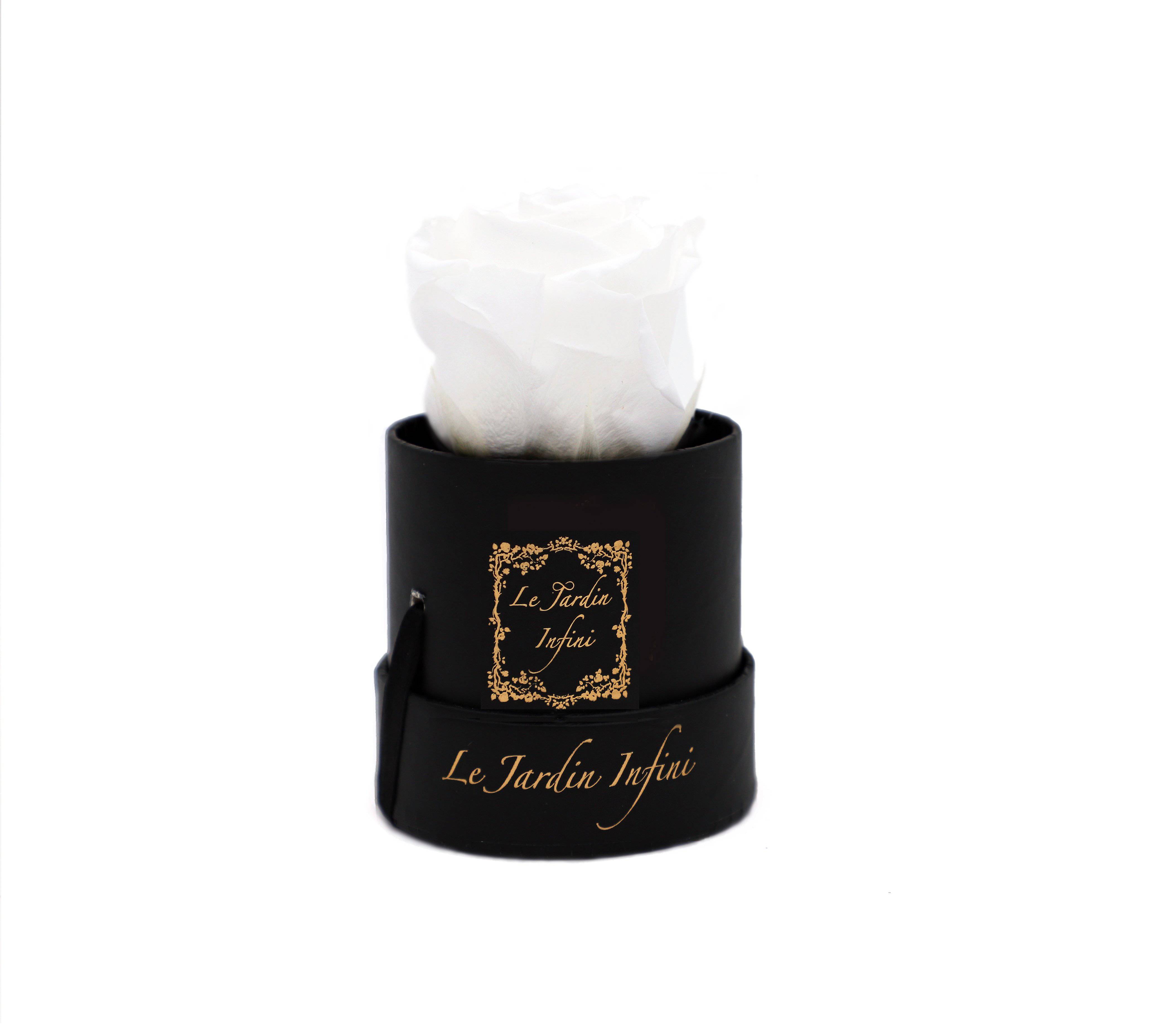 Single White Preserved Rose - Small Round Black Box - Le Jardin Infini Roses in a Box