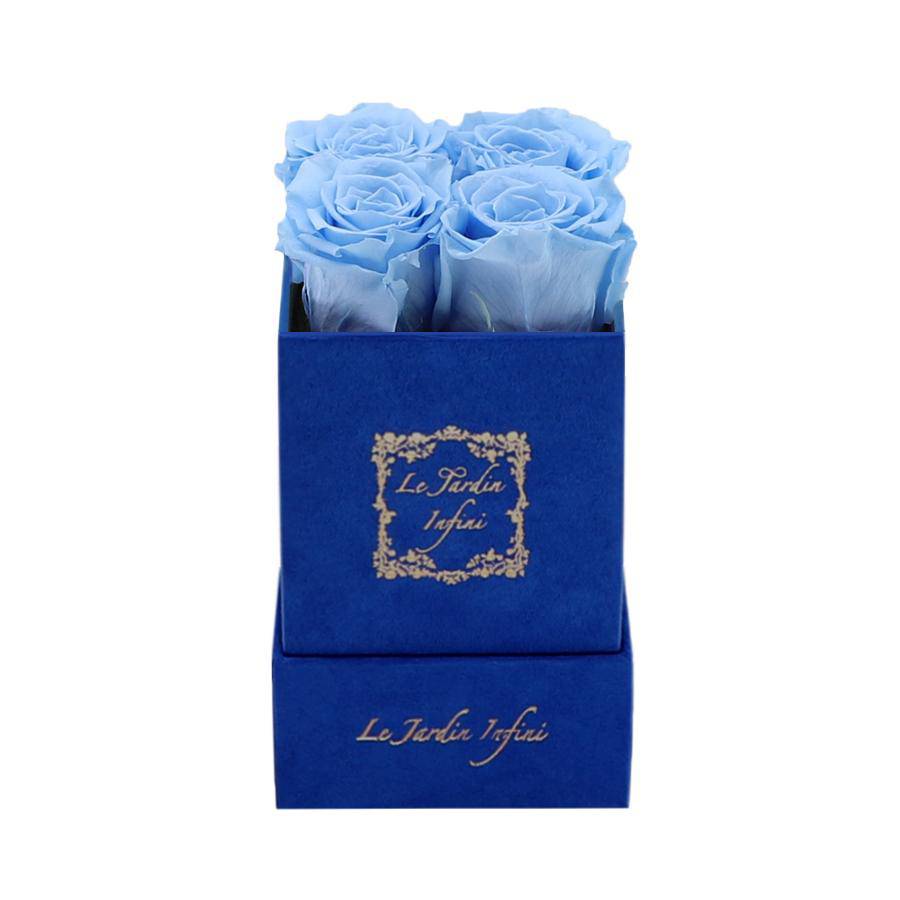 Baby Blue Preserved Roses - Luxury Small Square Blue Suede Box