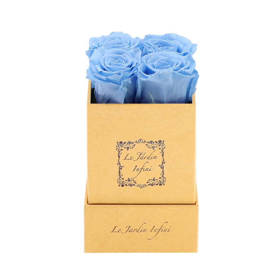 Baby Blue Preserved Roses - Luxury Small Square Gold Suede Box