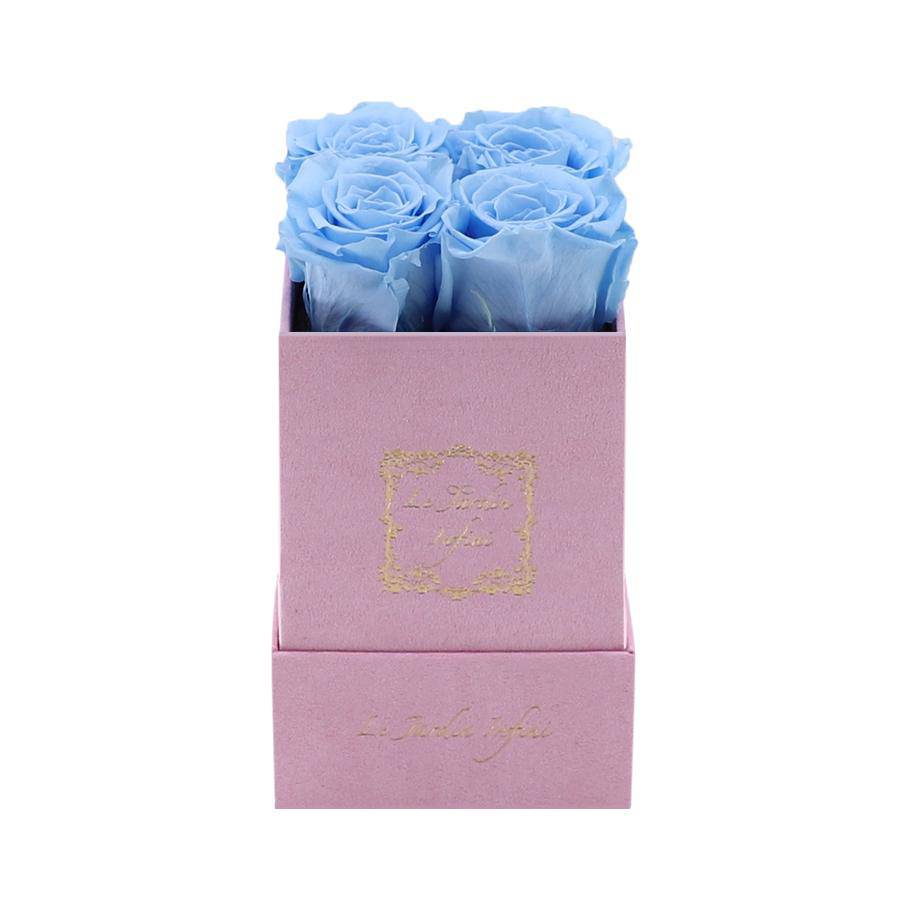 Baby Blue Preserved Roses - Luxury Small Square Pink Suede Box