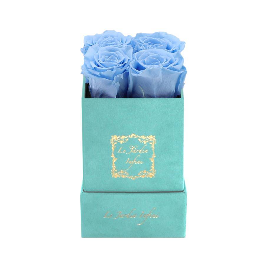 Baby Blue Preserved Roses - Luxury Small Square Turquoise Suede Box
