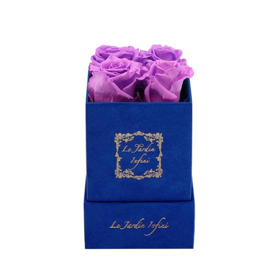 Bright Lilac Preserved Roses - Luxury Small Square Blue Suede Box