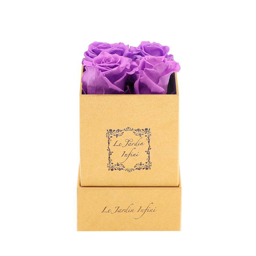 Bright Lilac Preserved Roses - Luxury Small Square Gold Suede Box