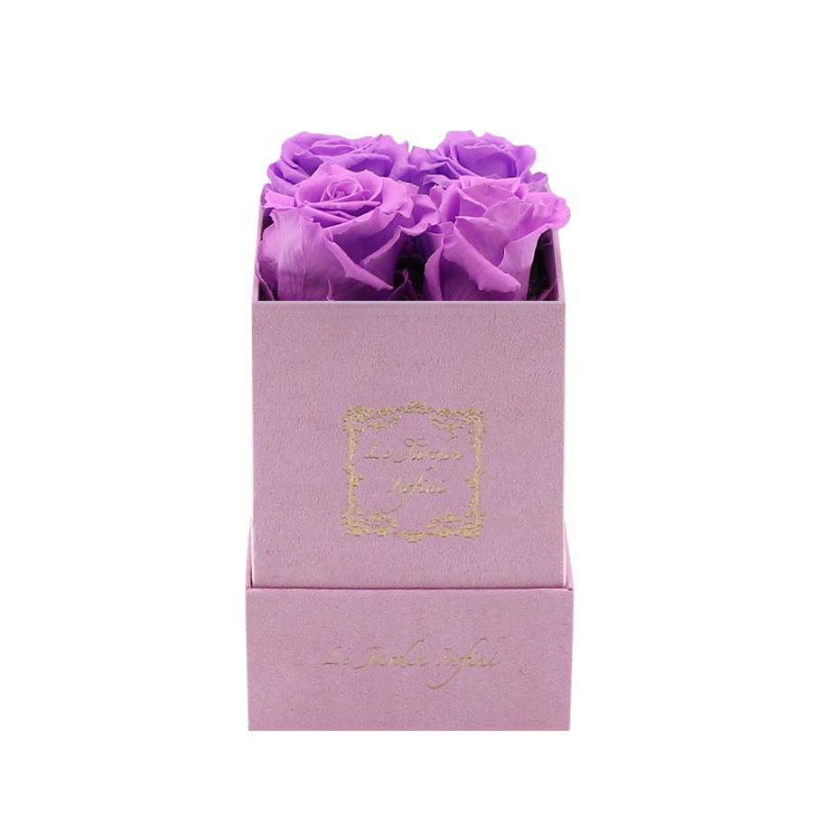 Bright Lilac Preserved Roses - Luxury Small Square Pink Suede Box