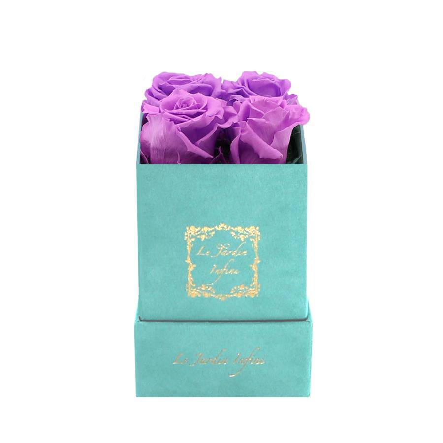 Bright Lilac Preserved Roses - Luxury Small Square Turquoise Suede Box - Le Jardin Infini Roses in a Box
