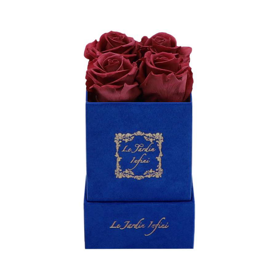 Burgundy Preserved Roses - Luxury Small Square Blue Suede Box - Le Jardin Infini Roses in a Box