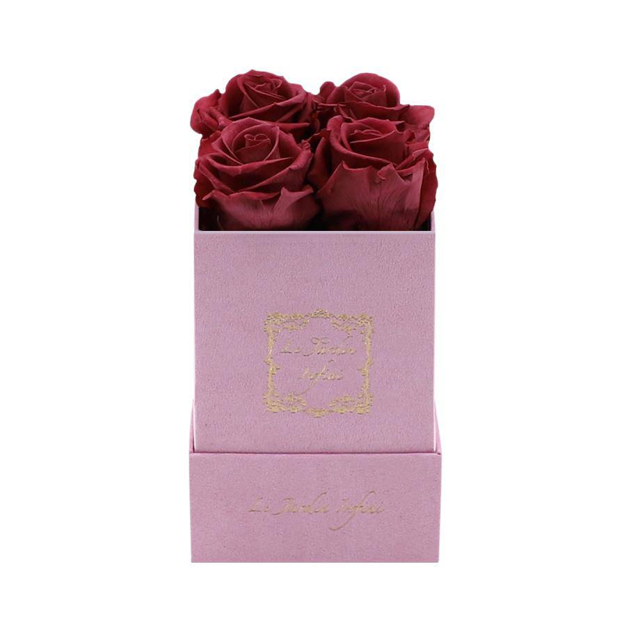 Burgundy Preserved Roses - Luxury Small Square Pink Suede Box