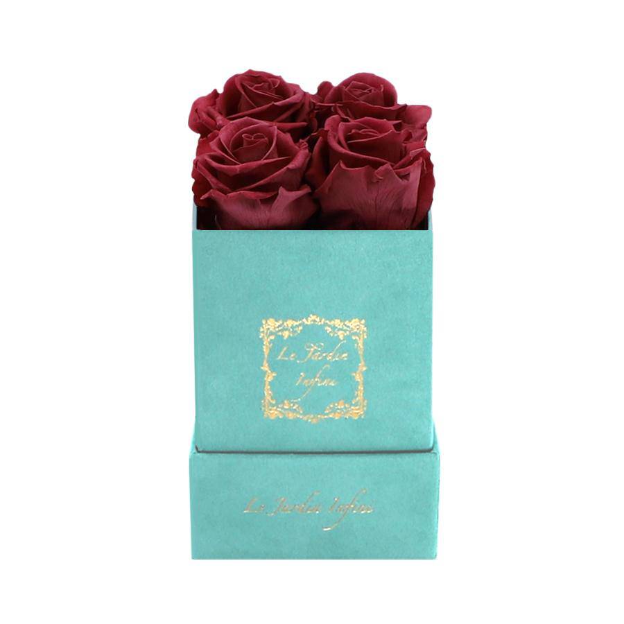 Burgundy Preserved Roses - Luxury Small Square Turquoise Suede Box - Le Jardin Infini Roses in a Box