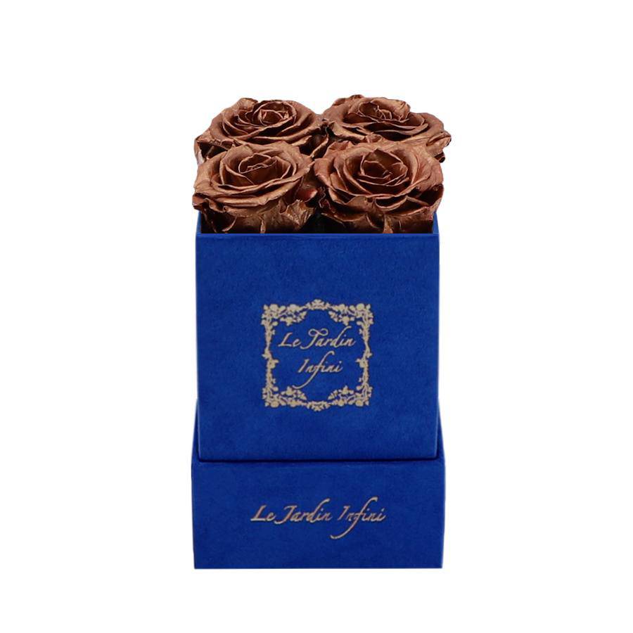 Copper Preserved Roses - Luxury Small Square Blue Suede Box