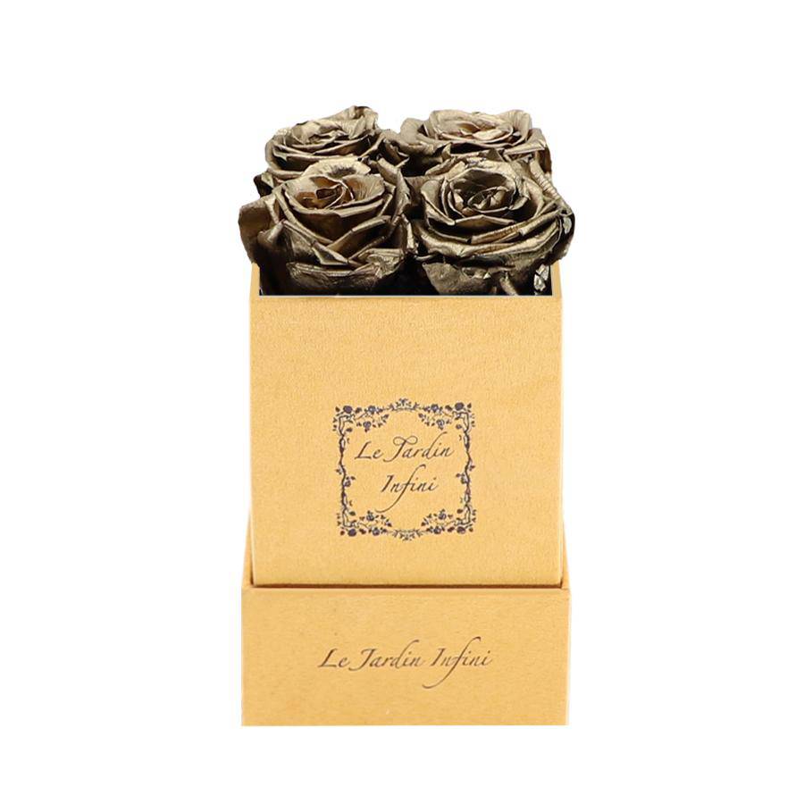 Dark Gold Preserved Roses - Luxury Small Square Gold Suede Box