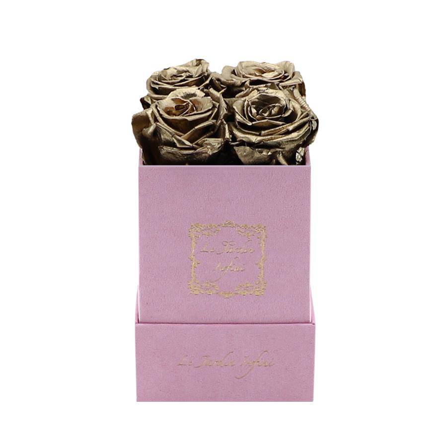 Dark Gold Preserved Roses - Luxury Small Square Pink Suede Box