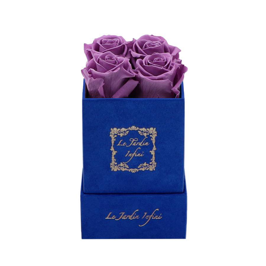 Dark Lilac Preserved Roses - Luxury Small Square Blue Suede Box - Le Jardin Infini Roses in a Box