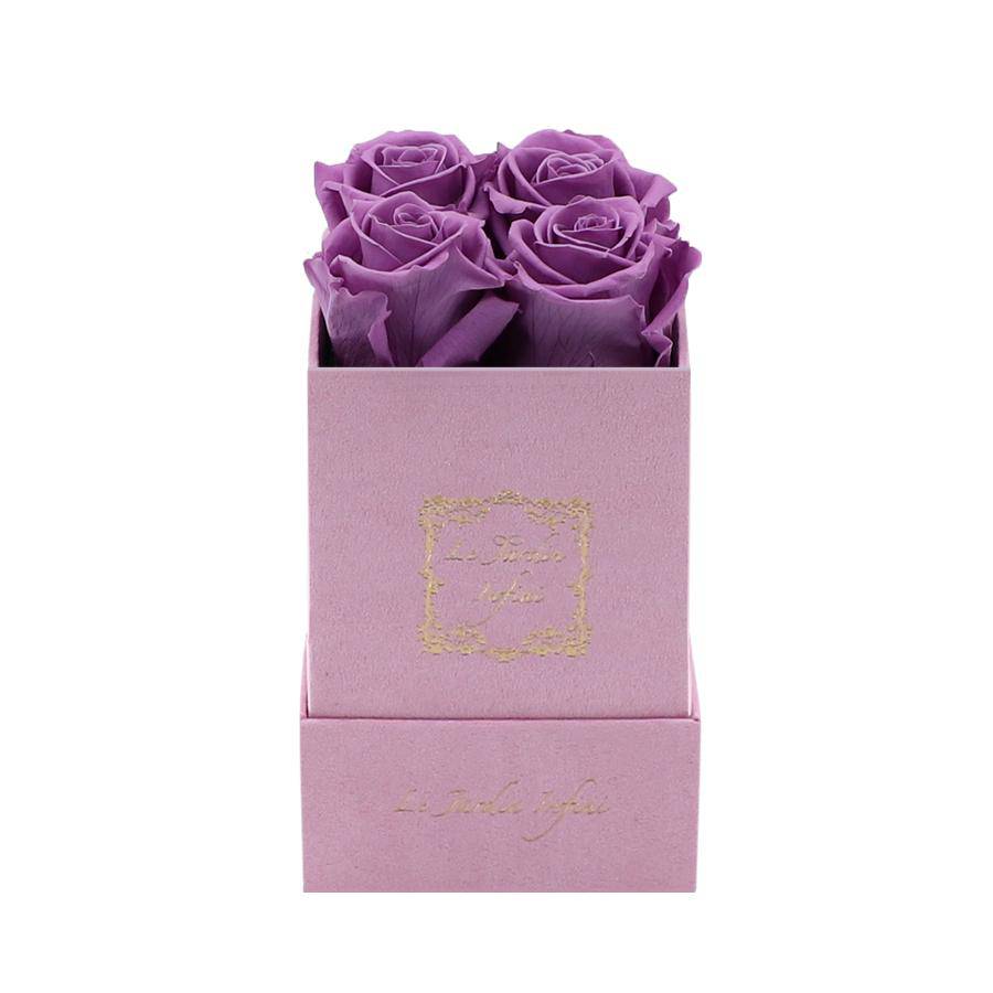 Dark Lilac Preserved Roses - Luxury Small Square Pink Suede Box