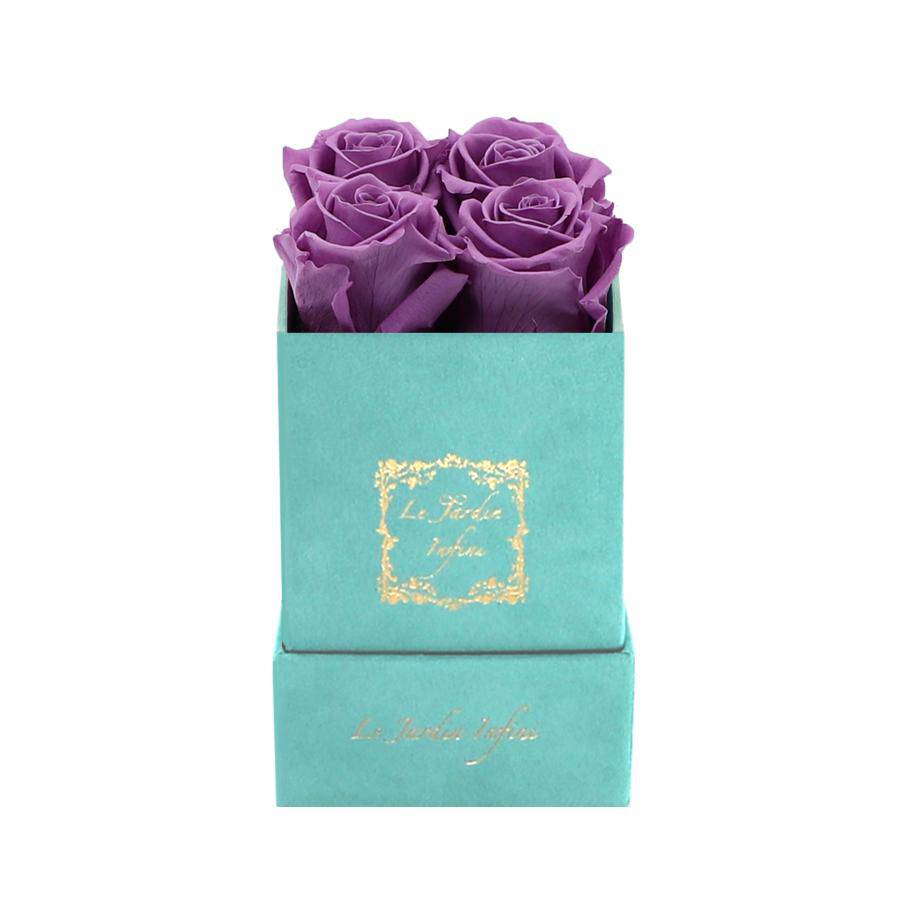 Dark Lilac Preserved Roses - Luxury Small Square Turquoise Suede Box - Le Jardin Infini Roses in a Box