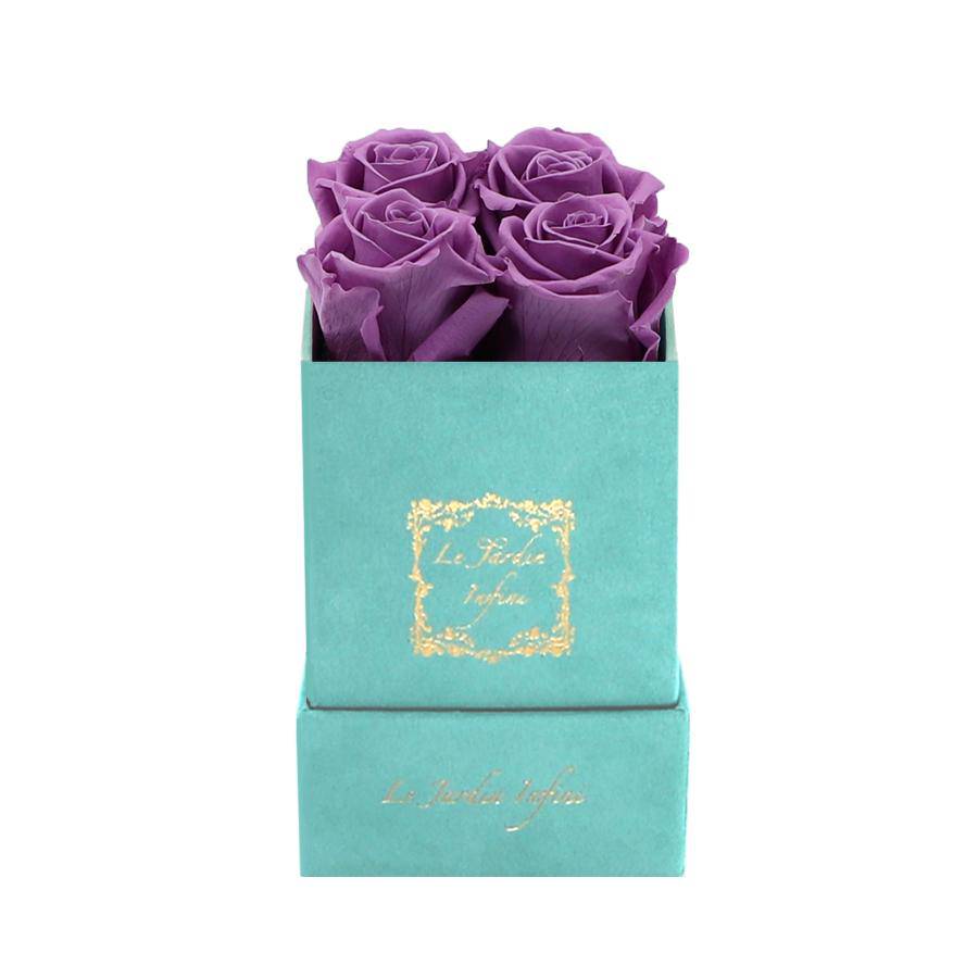 Dark Lilac Preserved Roses - Luxury Small Square Turquoise Suede Box