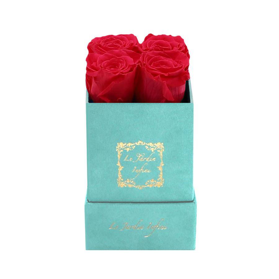 Dark Pink Preserved Roses - Luxury Small Square Turquoise Suede Box - Le Jardin Infini Roses in a Box