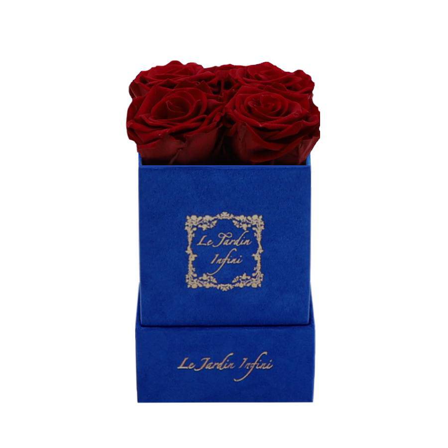 Dark Red Preserved Roses - Luxury Small Square Blue Suede Box