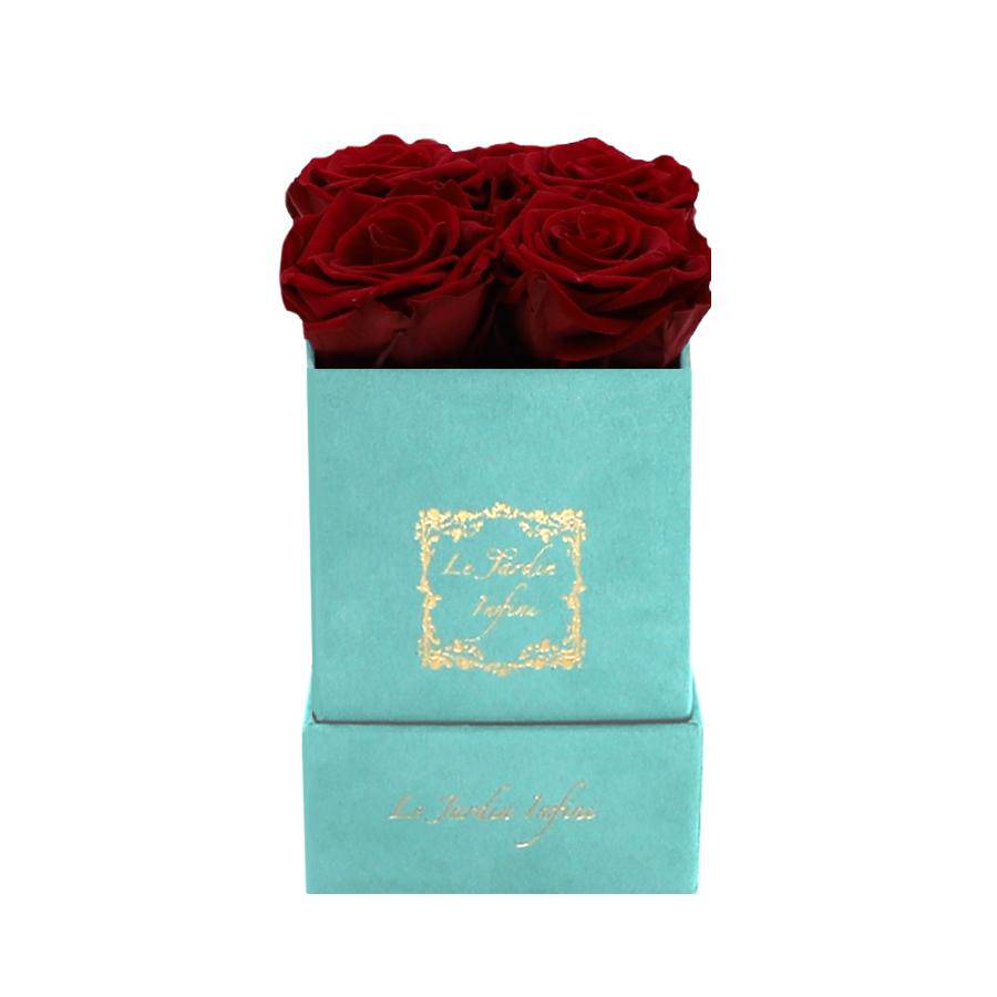 Dark Red Preserved Roses - Luxury Small Square Turquoise Suede Box - Le Jardin Infini Roses in a Box