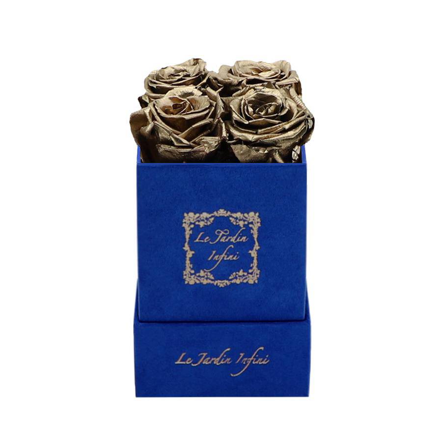 Gold Preserved Roses - Luxury Small Square Blue Suede Box - Le Jardin Infini Roses in a Box