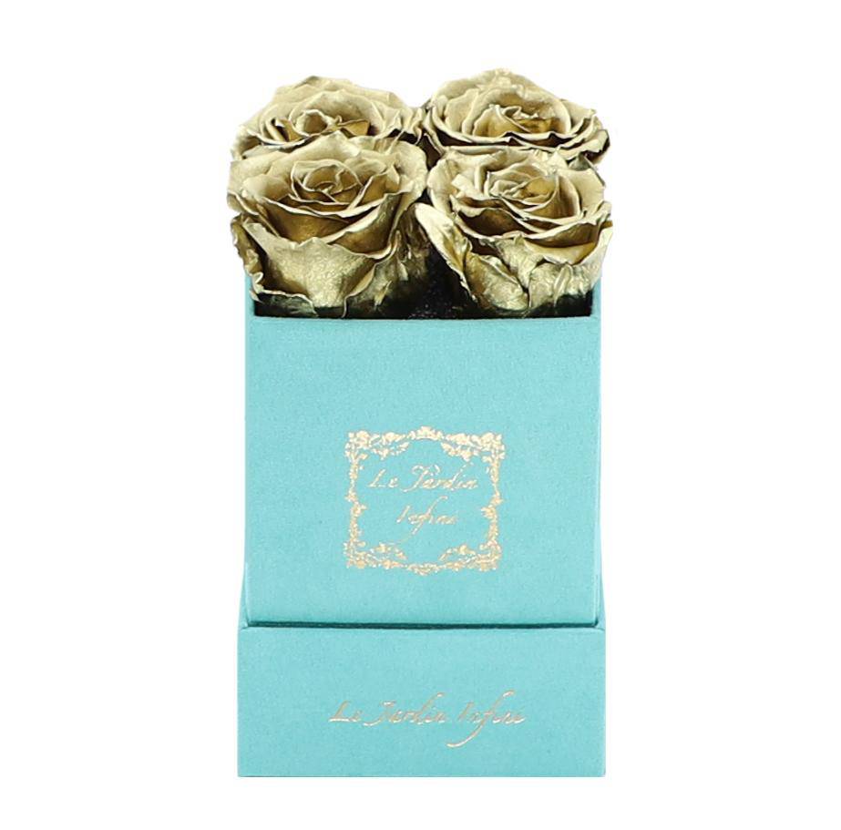 Gold Preserved Roses - Small Square Turquoise Suede Box