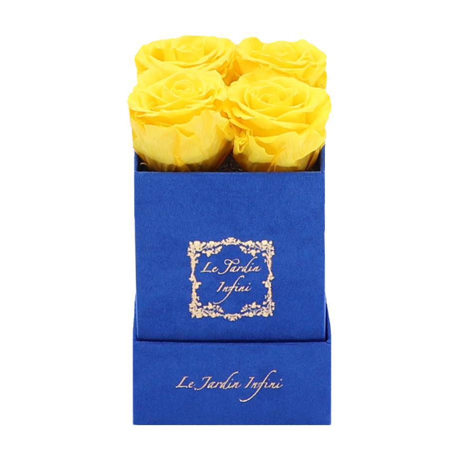 Light Yellow Preserved Roses - Small Square Blue Suede Box