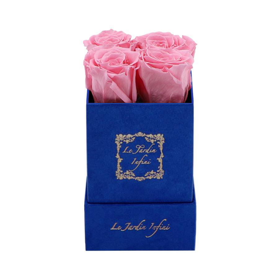 Pink Preserved Roses - Luxury Small Square Blue Suede Box