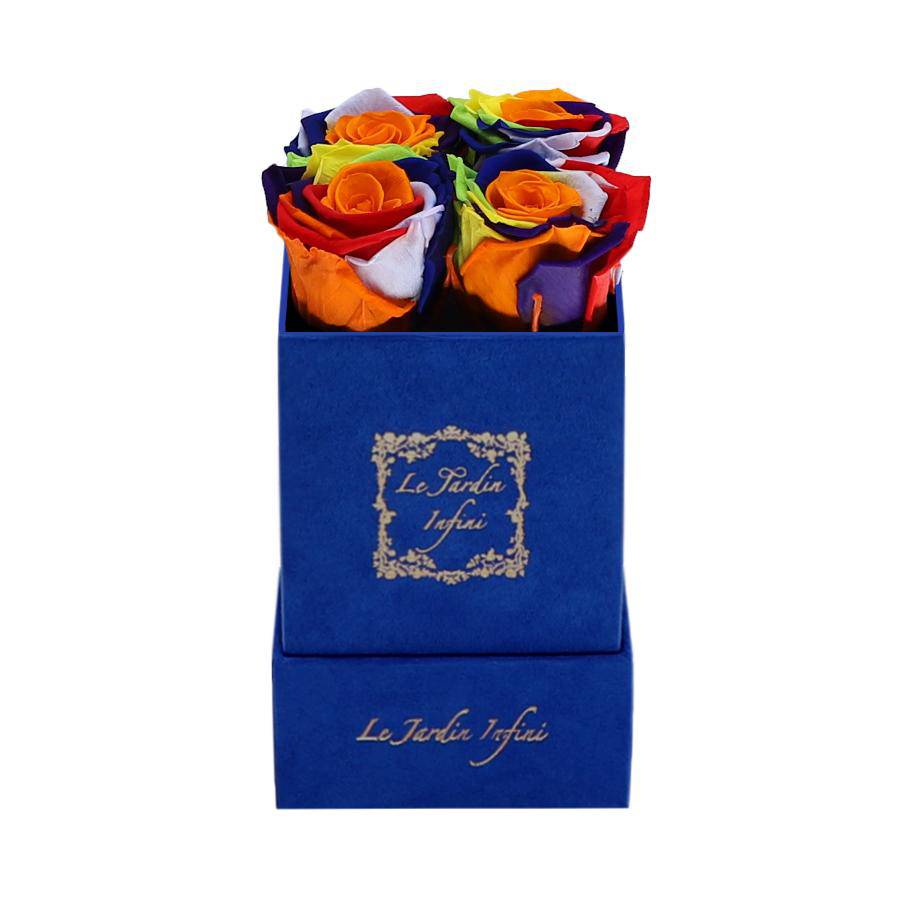 Rainbow Preserved Roses - Luxury Small Square Blue Suede Box