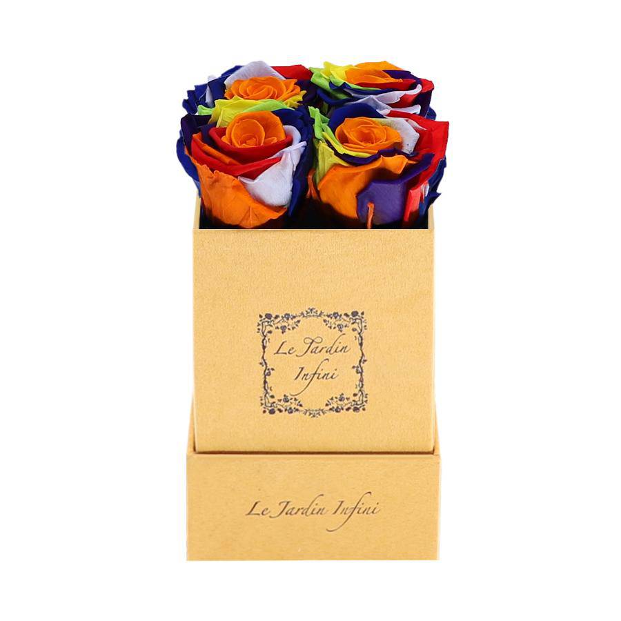 Rainbow Preserved Roses - Luxury Small Square Gold Suede Box