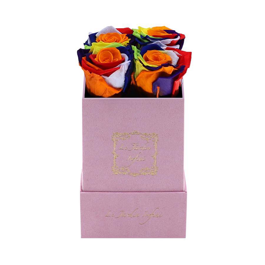 Rainbow Preserved Roses - Luxury Small Square Pink Suede Box